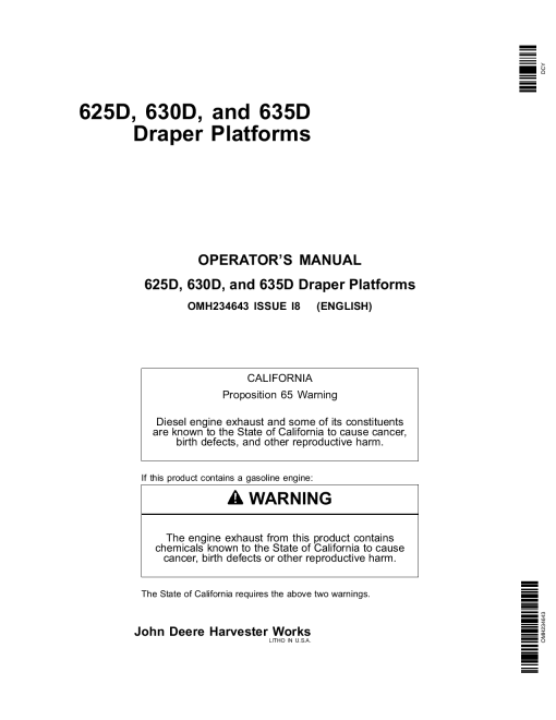 John Deere 625D, 630D & 635D Draper Platforms North American Edition (730101-735400) OMH234643 Operators and Maintenance Manual PDF Download