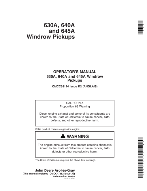 John Deere 630A, 640A, 645A Windrow Pickup OMCC58124 Operators and Maintenance Manual PDF Download