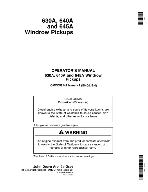 John Deere 630A, 640A & 645A Windrow Pickup OMCC58142 Operators and Maintenance Manual PDF Download