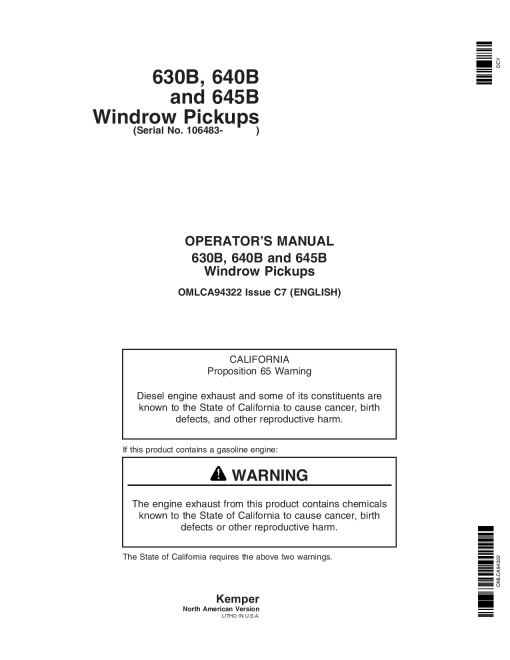 John Deere 630B, 640B & 645B Windrow PiCkups OMLCA94322 Operators and Maintenance Manual PDF Download