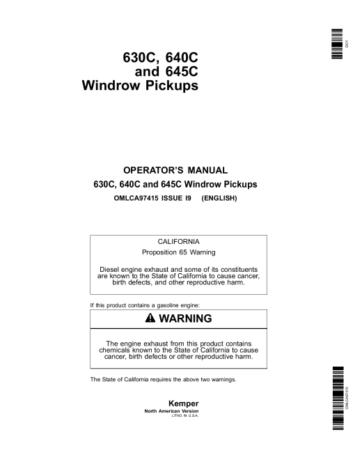 John Deere 630C, 640C & 645C Windrow Pickups OMLCA97415 Operators and Maintenance Manual PDF Download