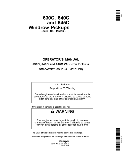 John Deere 630C, 640C & 645C Windrow Pickups OMLCA97497 Operators and Maintenance Manual PDF Download