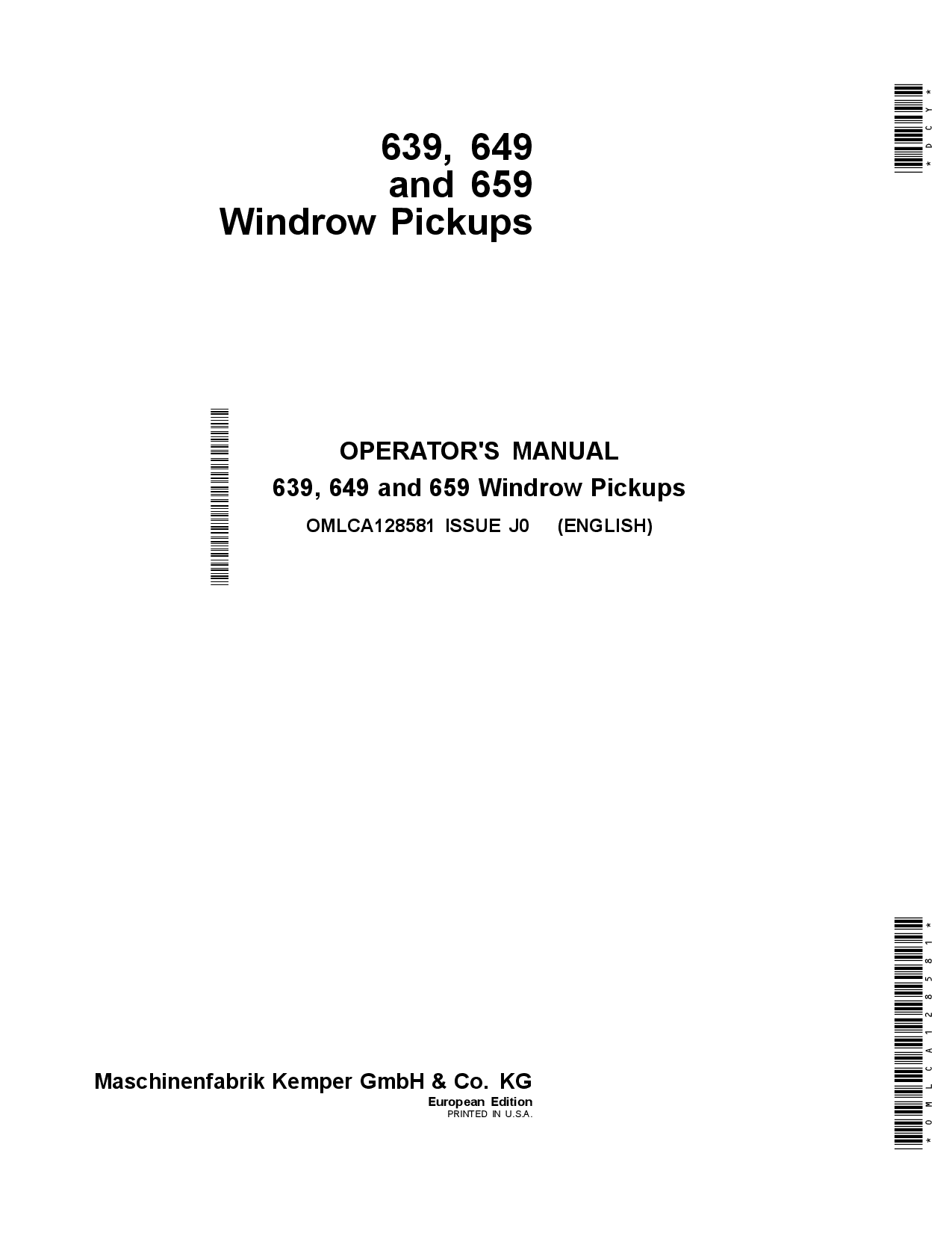 John Deere 639, 649 and 659 Windrow Pickups OMLCA128581 Operators and Maintenance Manual PDF Download