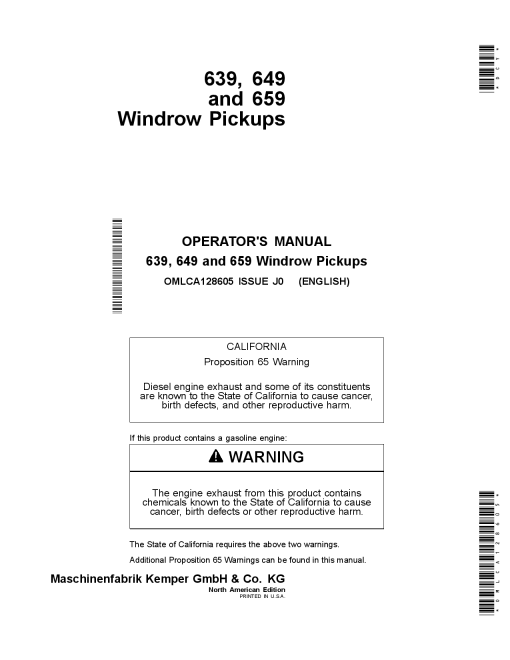 John Deere 639, 649 and 659 Windrow Pickups OMLCA128605 Operators and Maintenance Manual PDF Download