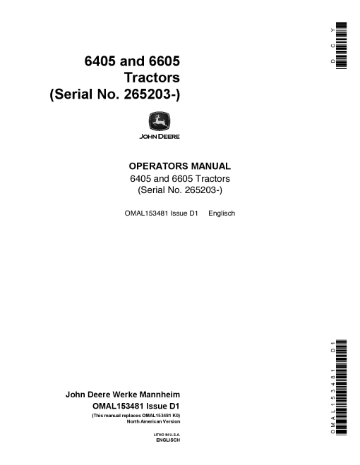 John Deere 6405, 6605 Tractors (265203-) OMAL153481 Operators and Maintenance Manual PDF Download