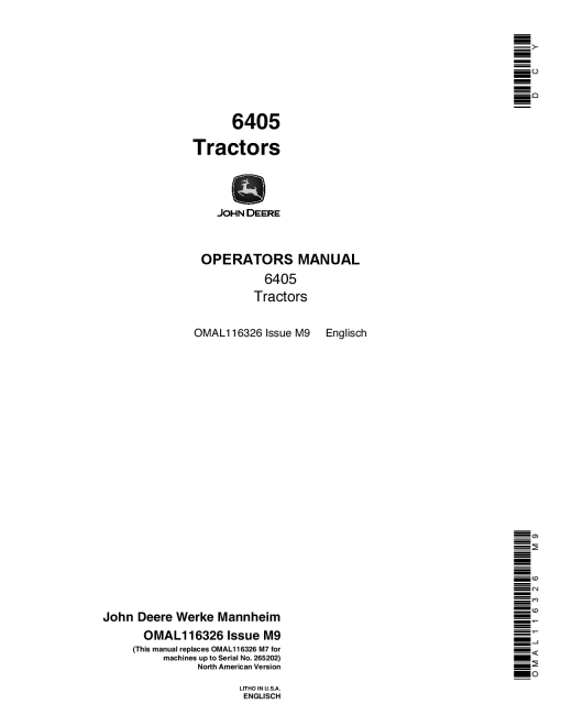 John Deere 6405 Tractors (-265202) OMAL116326 Operators and Maintenance Manual PDF Download