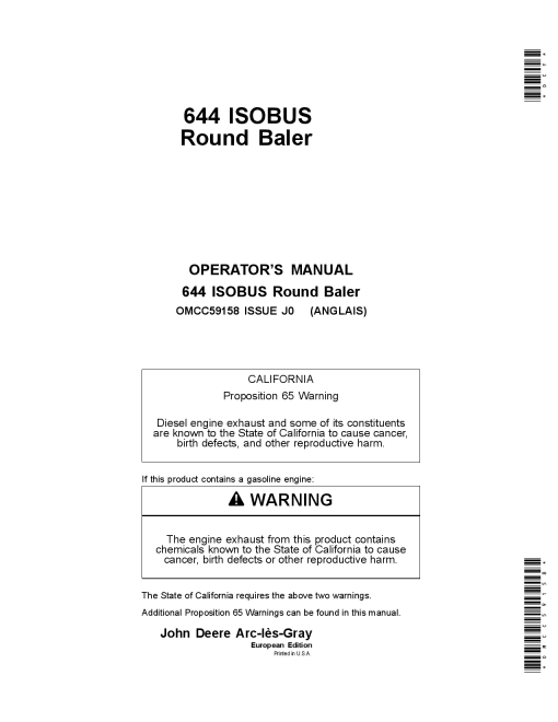 John Deere 644 ISOBUS Round Baler OMCC59158 Operators and Maintenance Manual PDF Download