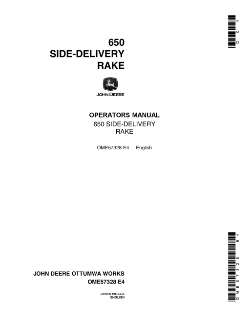 John Deere 650 Side-Delivery Rake OME57328 Operators and Maintenance Manual PDF Download