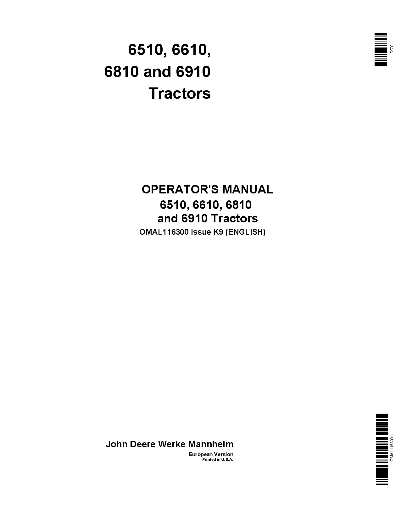 John Deere 6510, 6610, 6810, 6910 Tractors OMAL116300 Operators and Maintenance Manual PDF Download