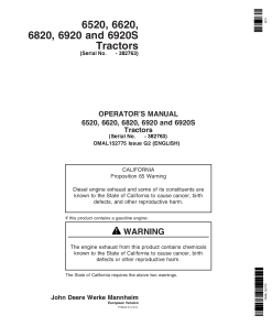 John Deere 6520, 6620 6820, 6920 & 6920S Tractors OMAL152775 Operators and Maintenance Manual PDF Download