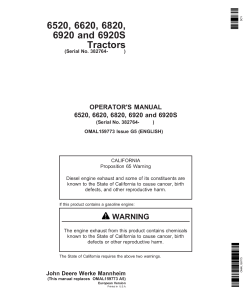 John Deere 6520, 6620, 6820, 6920 & 6920S Tractors OMAL159773 Operators and Maintenance Manual PDF Download