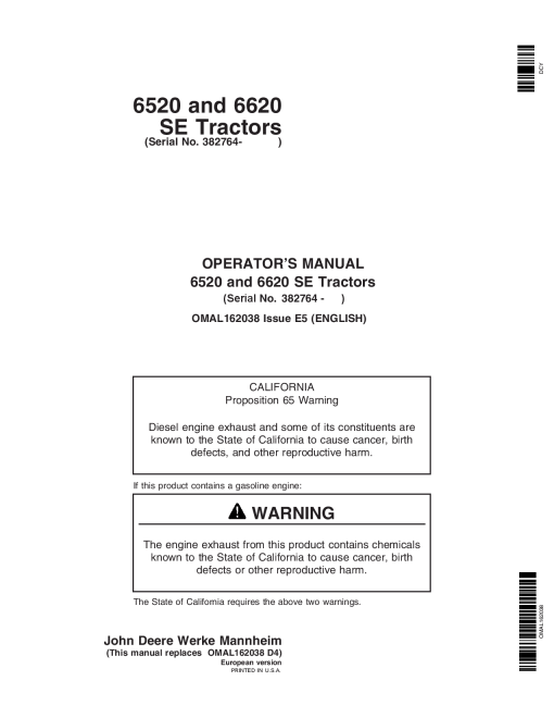 John Deere 6520 SE & 6620 SE Tractors OMAL162038 Operators and Maintenance Manual PDF Download