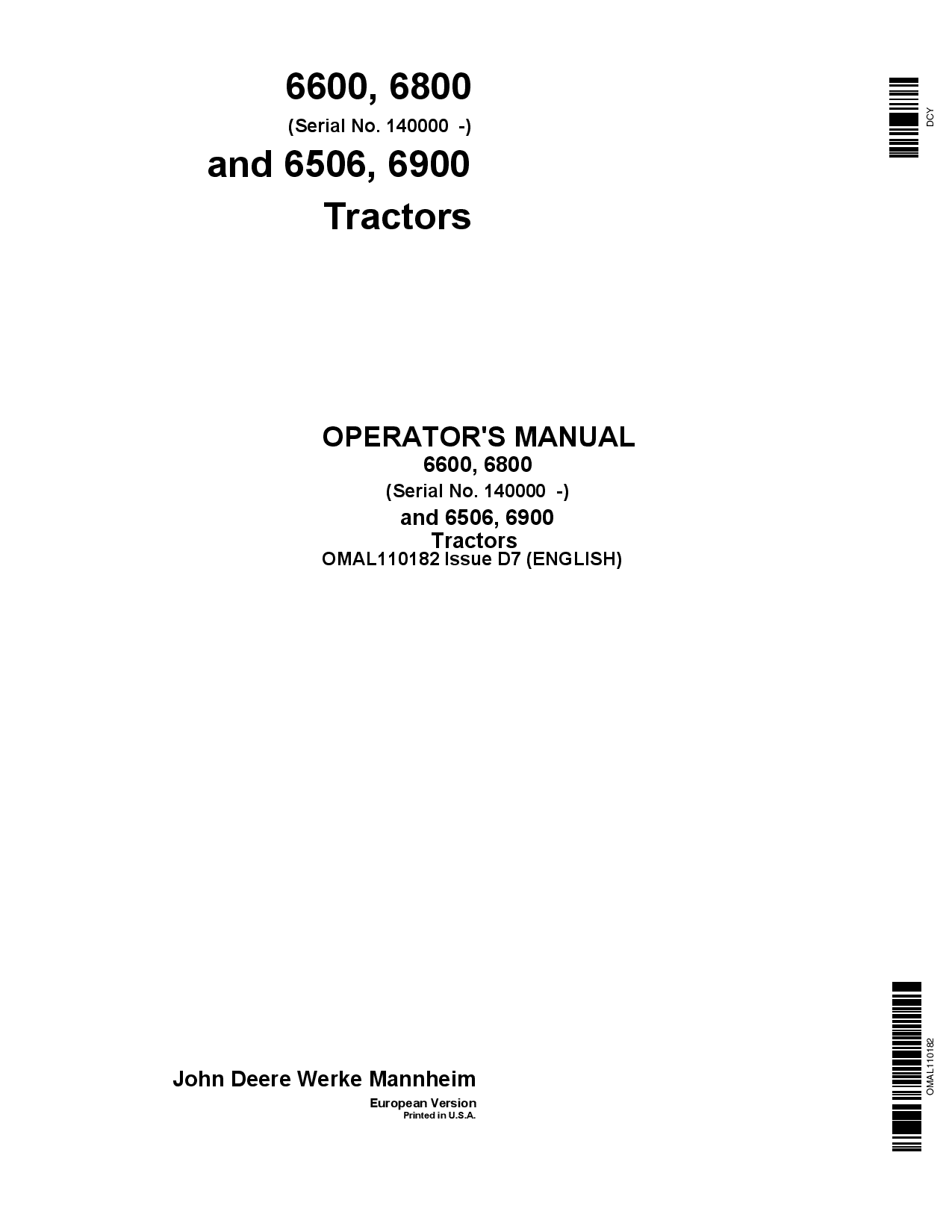 John Deere 6600 3800 Tractors, 6506 6900 Tractors OMAL110182 Operators and Maintenance Manual PDF Download