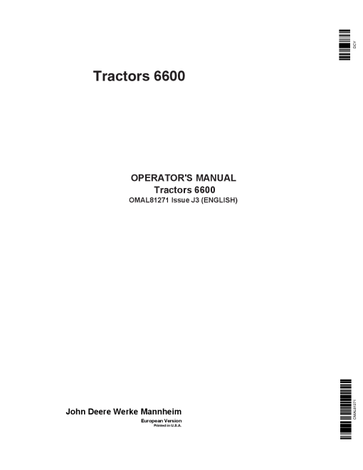 John Deere 6600 Tractors OMAL81271 Operators and Maintenance Manual PDF Download