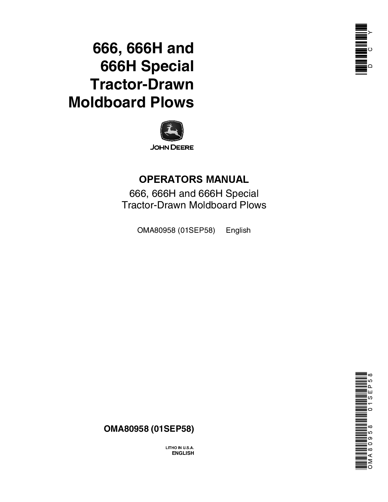 John Deere 666, 666H, 666H Special Tractor-Drawn Moldboard Plows OMA80958 Operators and Maintenance Manual PDF Download