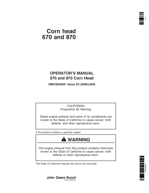 John Deere 670, 870 Corn Head OMCQ64650 Operators and Maintenance Manual PDF Download