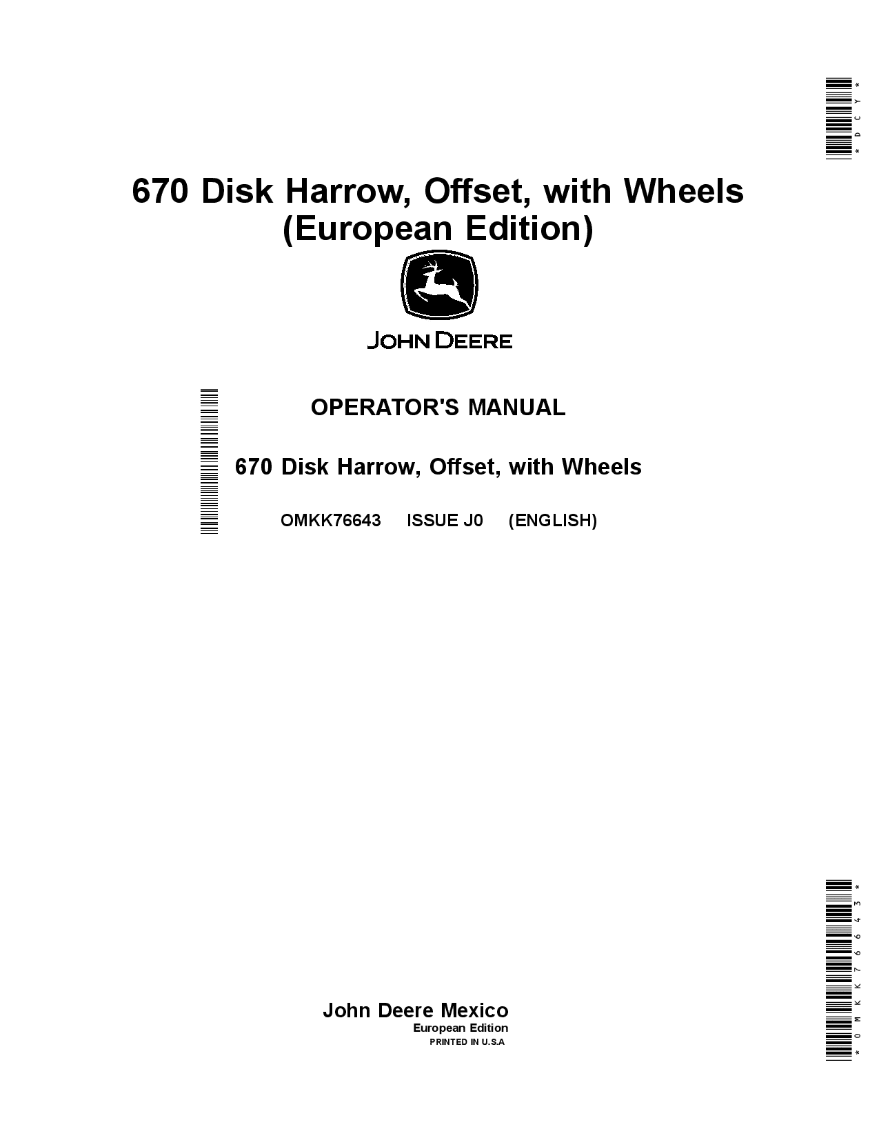 John Deere 670 Disk Harrow, Offset, with Wheels (MY2020) OMKK76643 Operators and Maintenance Manual PDF Download