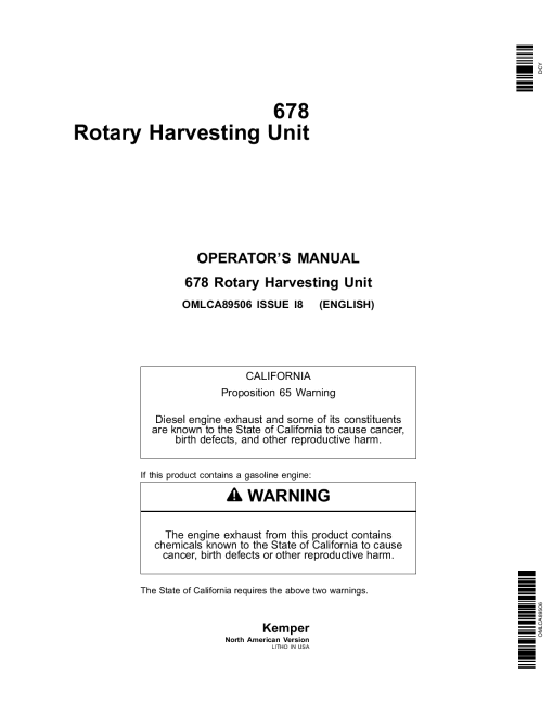 John Deere 678 Rotary Harvesting Unit OMLCA89506 Operators and Maintenance Manual PDF Download