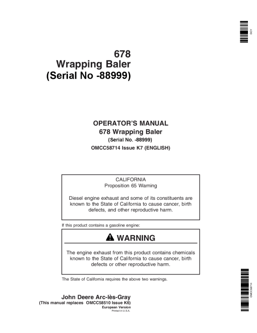 John Deere 678 Wrapping Baler OMCC58714 Operators and Maintenance Manual PDF Download