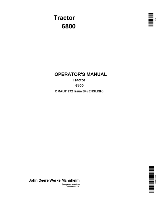 John Deere 6800 Tractor OMAL81272 Operators and Maintenance Manual PDF Download
