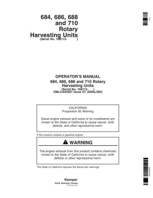 John Deere 684, 686, 688, 710 Rotary Harvesting Units (108113-) OMLCA93937 Operators and Maintenance Manual PDF Download