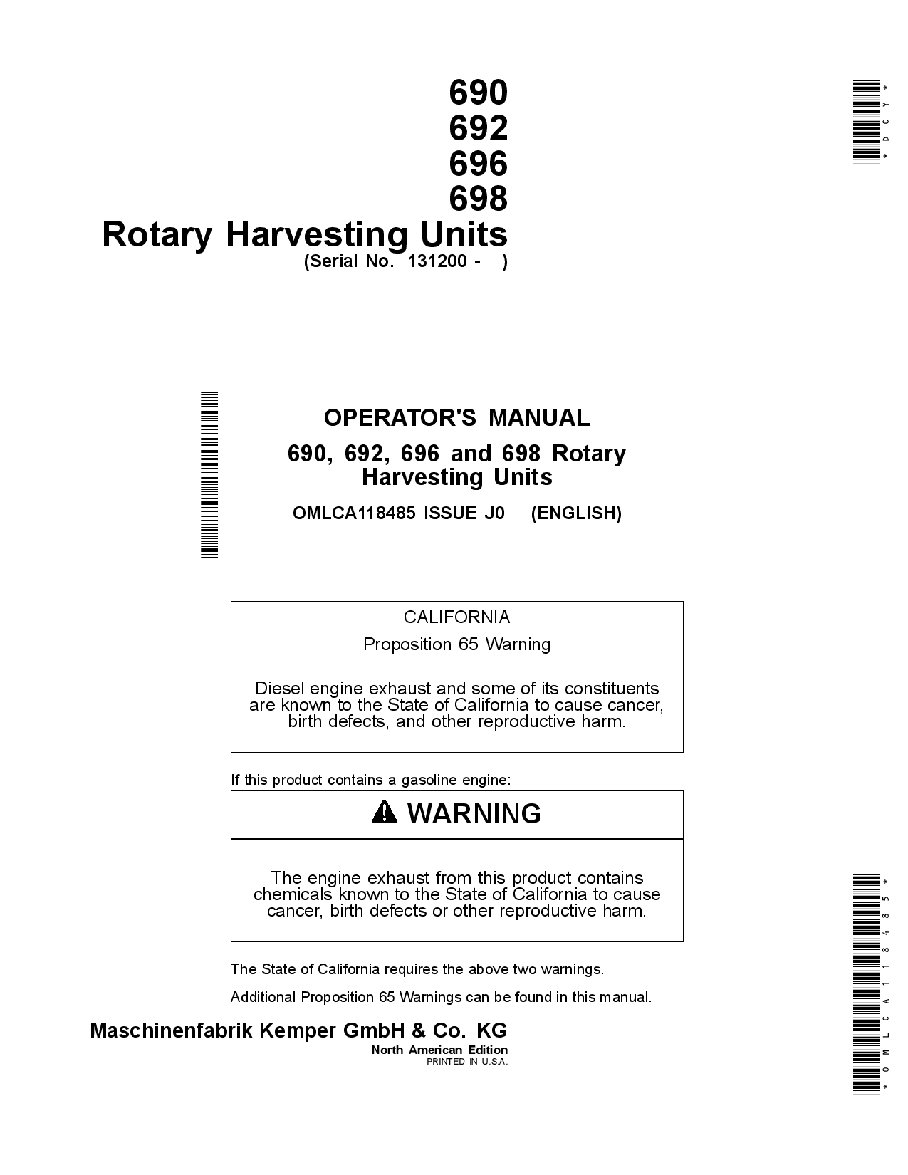 John Deere 690, 692, 696, and 698 Rotary Harvesting Units (131200-) OMLCA118485 Operators and Maintenance Manual PDF Download