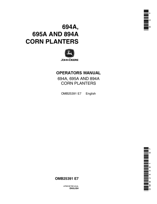 John Deere 694A, 695A, 894A Corn Planters OMB25391 Operators and Maintenance Manual PDF Download