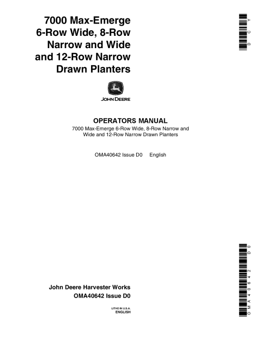 John Deere 7000 Drawn (Cotton & Corn) Planters 6RW, 8RN, 8RW, 12RN OMA40642 Operators and Maintenance Manual PDF Download