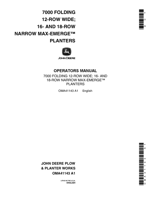 John Deere 7000 Drawn (Folding) Planters 12RW, 16RN & 18RN OMA41143 Operators and Maintenance Manual PDF Download