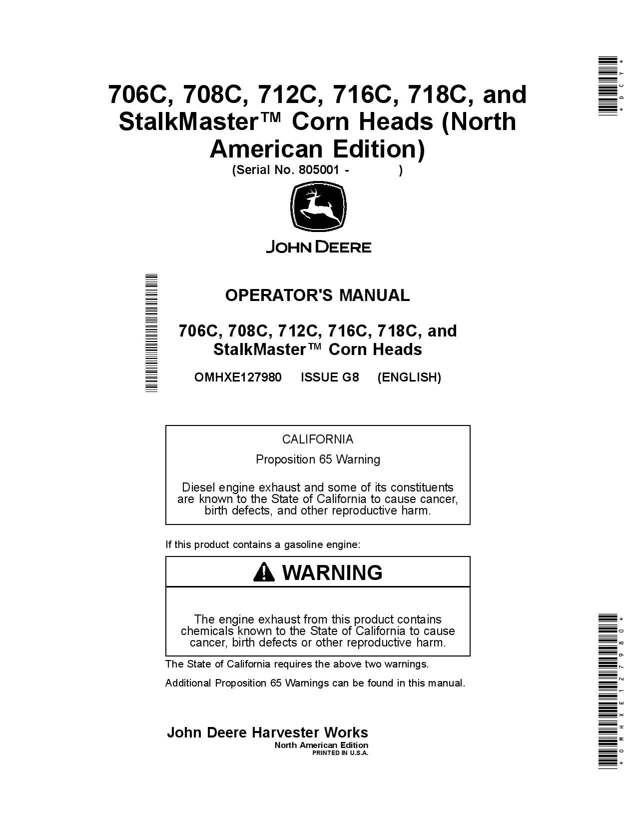 John Deere 706C, 708C, 712C, 716C, 718C, and StalkMaster Corn Heads OMHXE127980 Operators and Maintenance Manual PDF Download