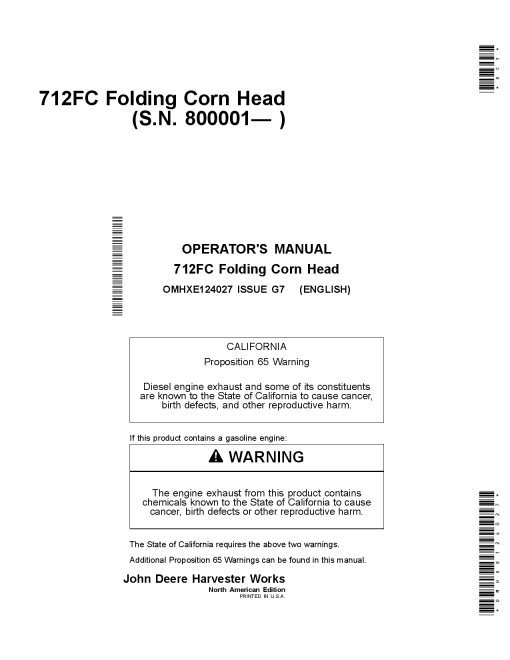 John Deere 712FC Folding Corn Head OMHXE124027 Operators and Maintenance Manual PDF Download