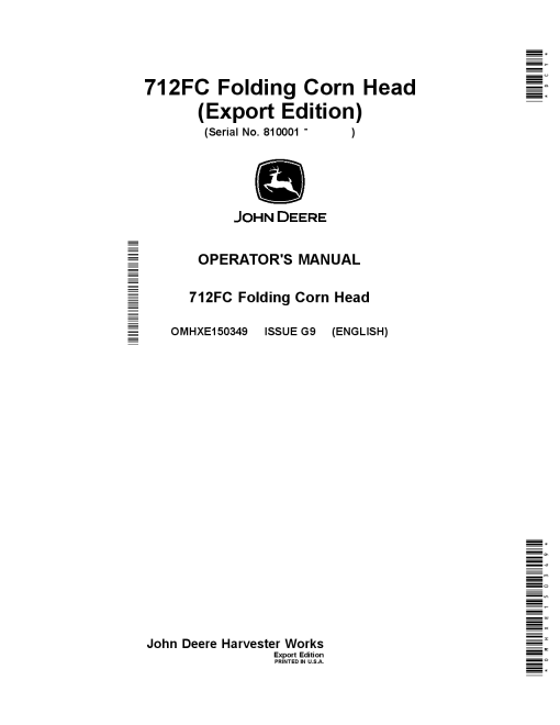 John Deere 712FC Folding Corn Head OMHXE150349 Operators and Maintenance Manual PDF Download