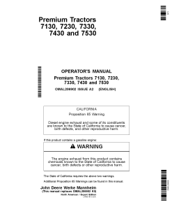 John Deere 7130, 7230, 7330, 7430 & 7530 Premium Tractors OMAL206902 Operators and Maintenance Manual PDF Download