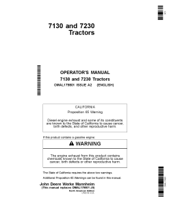 John Deere 7130, 7230 Tractor OMAL179801 Operators and Maintenance Manual PDF Download