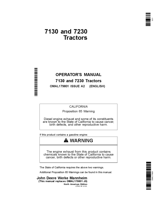 John Deere 7130, 7230 Tractor OMAL179801 Operators and Maintenance Manual PDF Download