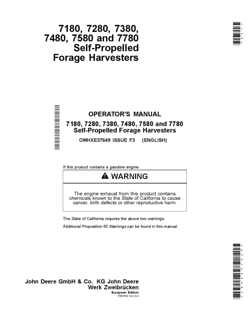 John Deere 7180, 7280, 7830, 7480, 7580 & 7780 Self-Propelled Forage Harvesters OMHXE37649 Operators and Maintenance Manual PDF Download