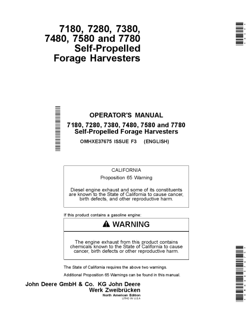 John Deere 7180, 7280, 7830, 7480, 7580 & 7780 Self-Propelled Forage Harvesters OMHXE37675 Operators and Maintenance Manual PDF Download