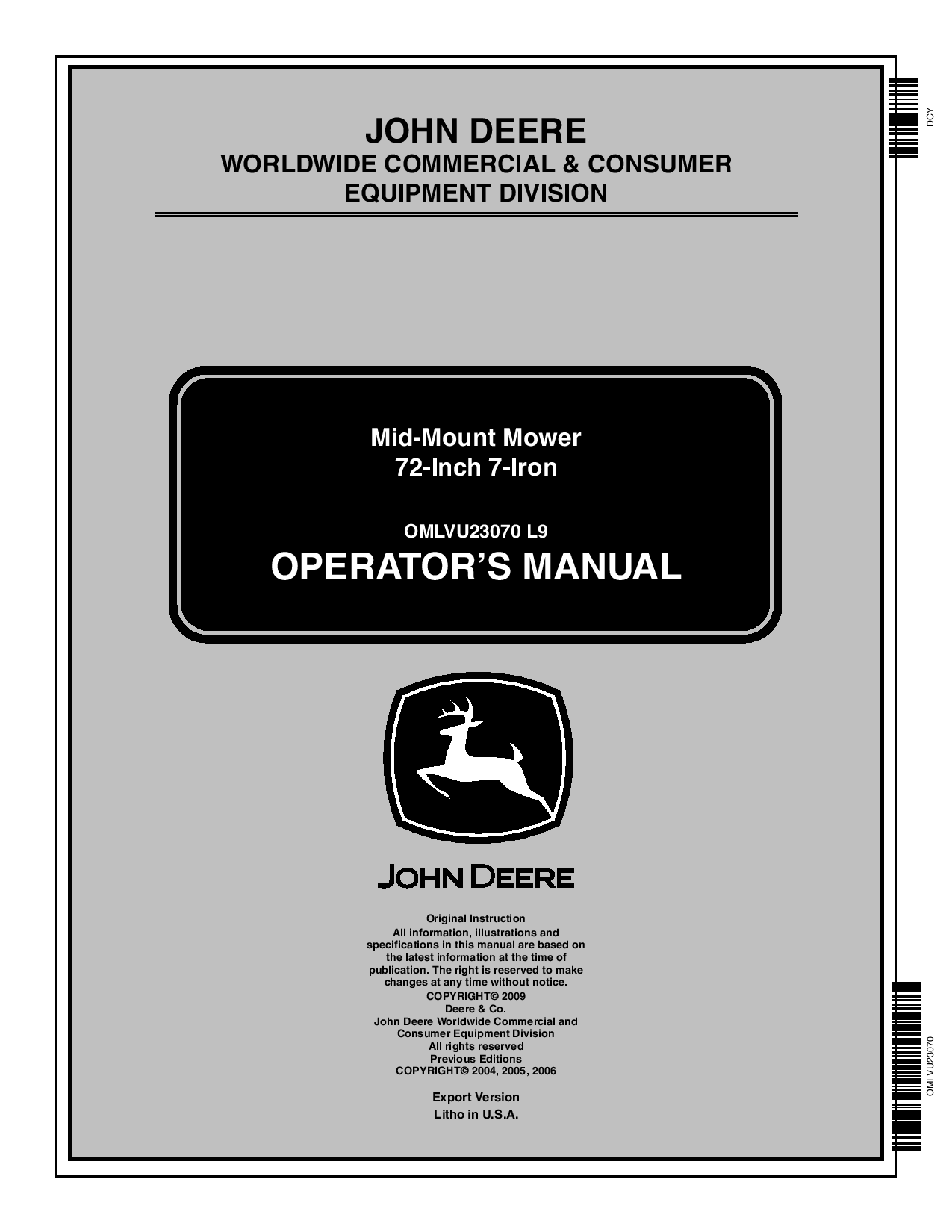 John Deere 72 Inch 7 Iron Mid-Mount Mower OMLVU23070 Operators and Maintenance Manual PDF Download