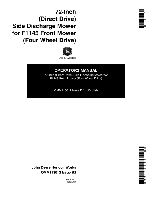 John Deere 72-Inch (Direct Drive) Side Discharge Mower (-140000) OMM113012 Operators and Maintenance Manual PDF Download