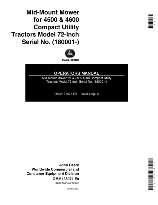 John Deere 72 Inch Mid-Mount Mower (180001-) OMM136071 Operators and Maintenance Manual PDF Download