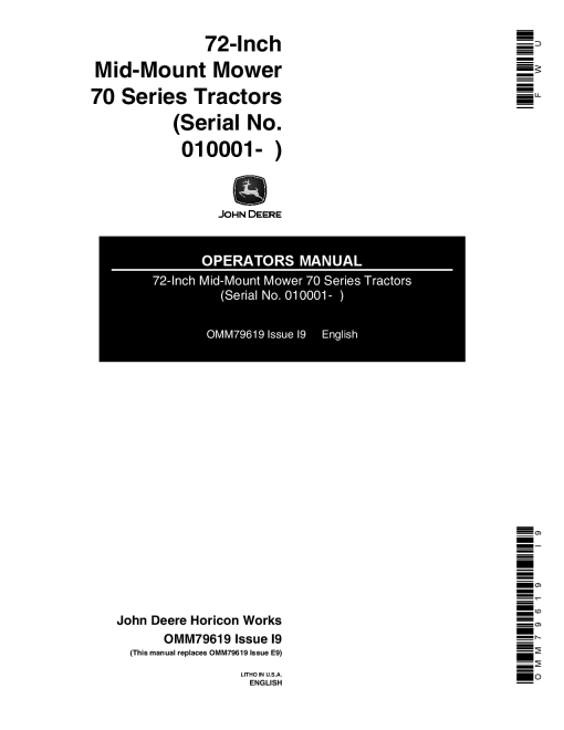 John Deere 72-Inch Mid-Mount Mower for 70 Series Tractors (010001-) OMM79619 Operators and Maintenance Manual PDF Download