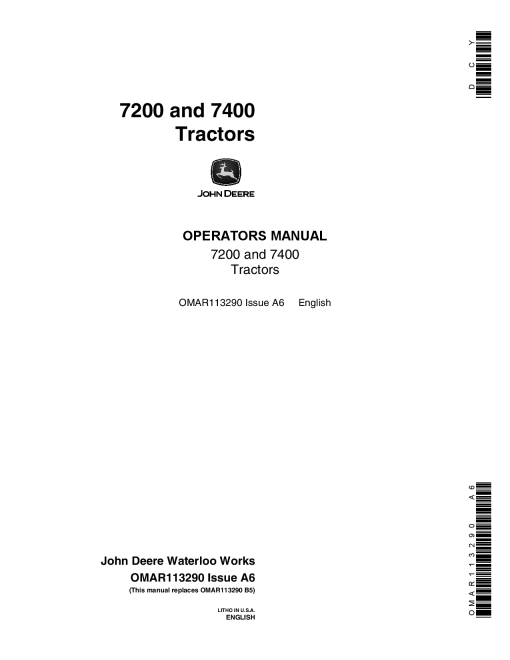 John Deere 7200, 7400 Tractors OMAR113290 Operators and Maintenance Manual PDF Download