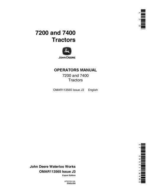 John Deere 7200, 7400 Tractors OMAR113565 Operators and Maintenance Manual PDF Download