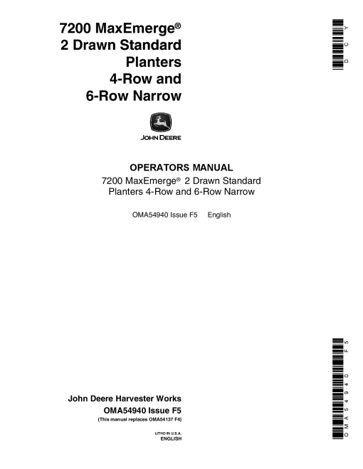 John Deere 7200 Drawn (Standard) Planters 4R & 6RN OMA54940 Operators and Maintenance Manual PDF Download