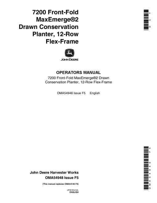 John Deere 7200 MaxEmerge2 Drawn Planters (12RN) OMA54948 Operators and Maintenance Manual PDF Download