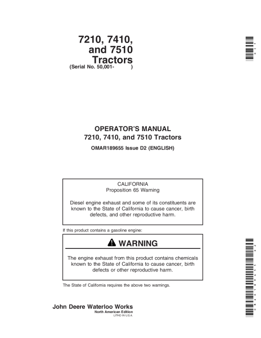 John Deere 7210, 7410, 7510 Tractors (050001 -) OMAR189655 Operators and Maintenance Manual PDF Download
