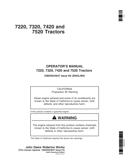 John Deere 7220, 7320, 7420, 7520 Tractors OMAR224647 Operators and Maintenance Manual PDF Download