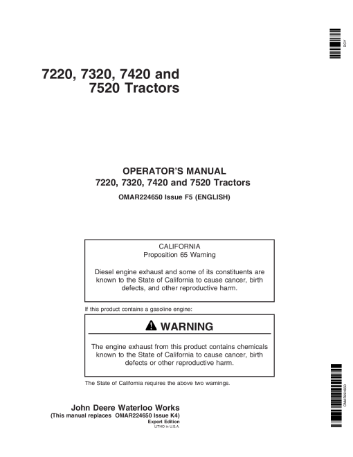 John Deere 7220, 7320, 7420, 7520 Tractors OMAR224650 Operators and Maintenance Manual PDF Download