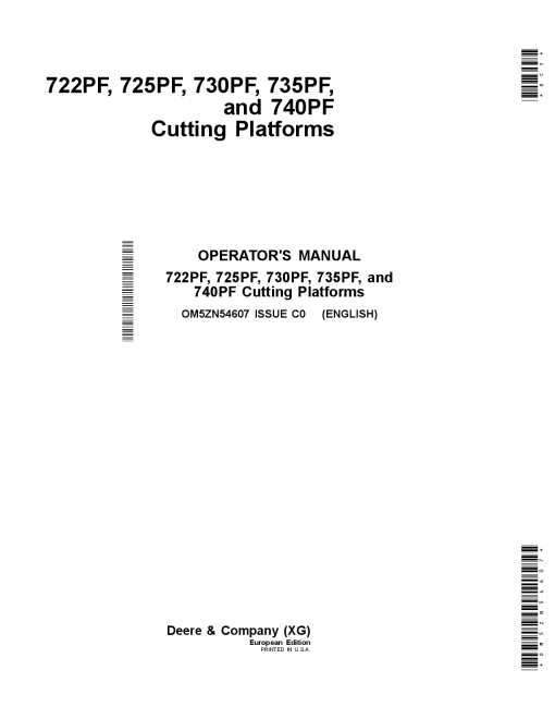 John Deere 722PF, 725PF, 730PF, 735PF, and 740PF Cutting Platforms OM5ZN54607 Operators and Maintenance Manual PDF Download