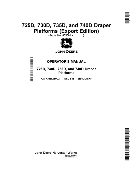 John Deere 7250, 7300, 7350 & 7400 Draper Platforms OMHXE128002 Operators and Maintenance Manual PDF Download